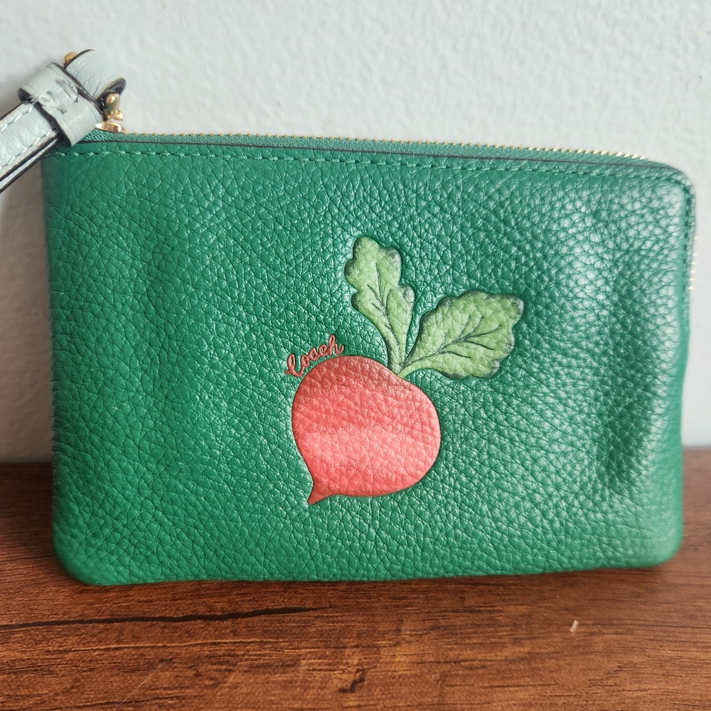 Green Leather Coach Wristlet with Radish Design - Picture 2 of 10